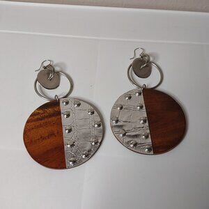 Very Large Wood And Metal Dangle Earrings
